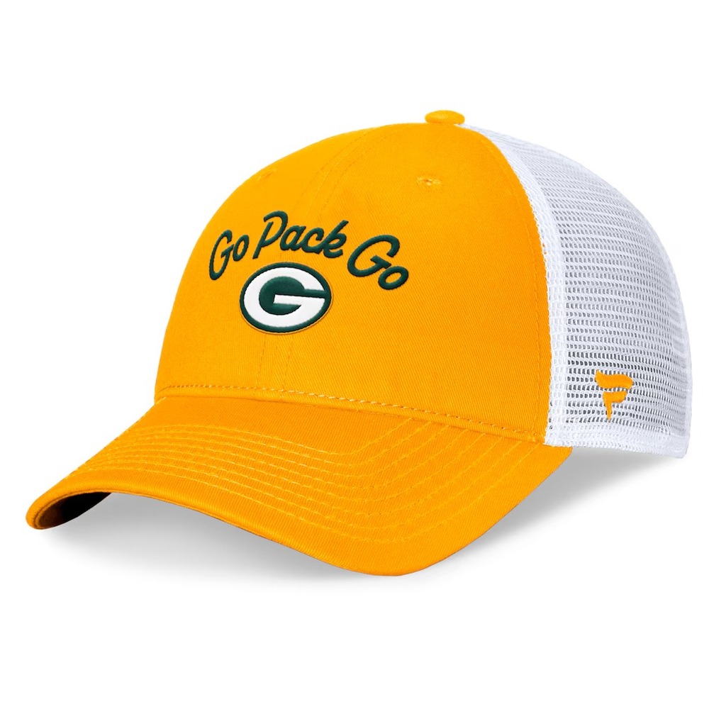 Green Bay Packers Fanatics Women's Slogan Trucker Adjustable Hat Gold GO PACK GO